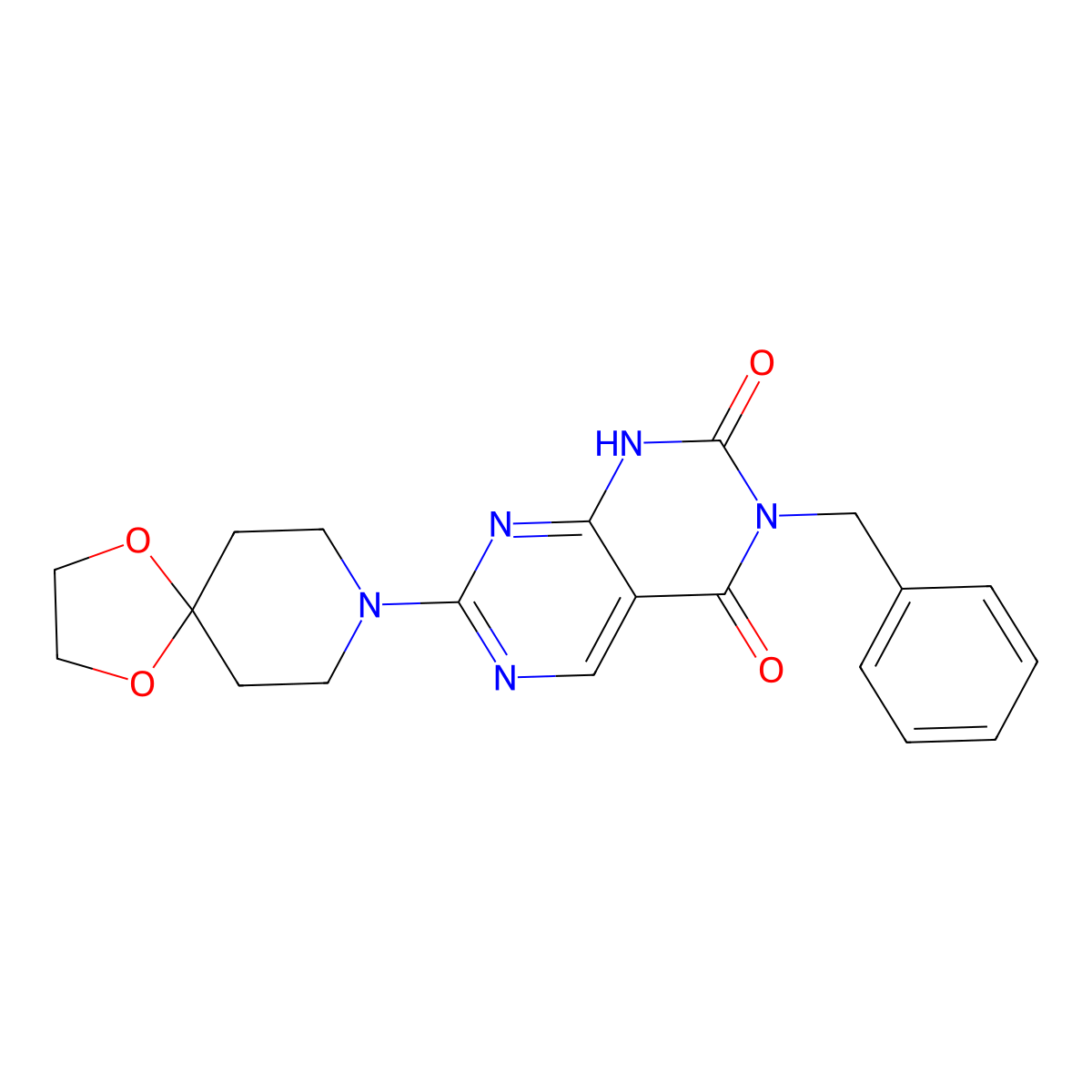 3-benzyl-7-(1,4-dioxa-8-azaspiro[4.5]dec-8-yl)pyrimido[4,5-d]pyrimidine-2,4(1H,3H)-dione molecular structure, CAS 1396686-73-9