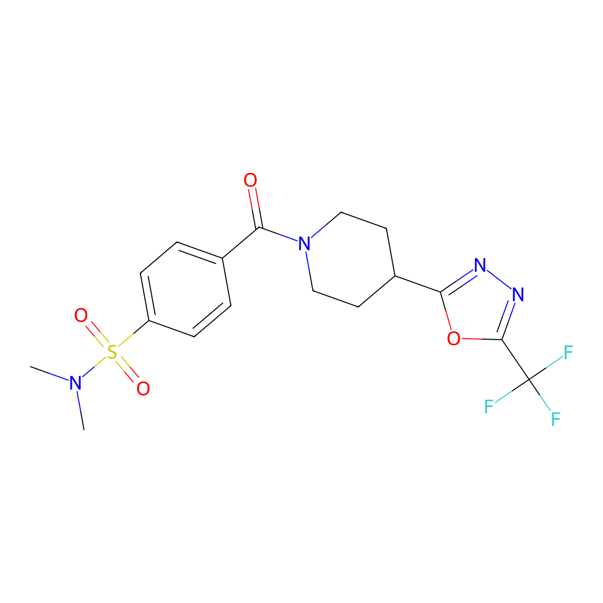 N,N-dimethyl-4-(4-(5-(trifluoromethyl)-1,3,4-oxadiazol-2-yl)piperidine-1-carbonyl)benzenesulfonamide molecular structure, CAS 1396686-74-0