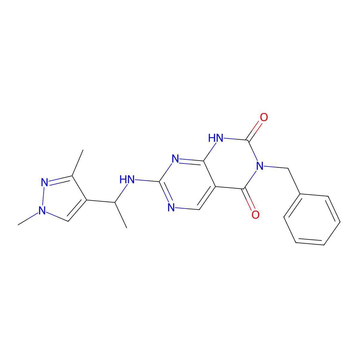 3-benzyl-7-{[1-(1,3-dimethyl-1H-pyrazol-4-yl)ethyl]amino}pyrimido[4,5-d]pyrimidine-2,4(1H,3H)-dione molecular structure, CAS 1396686-76-2
