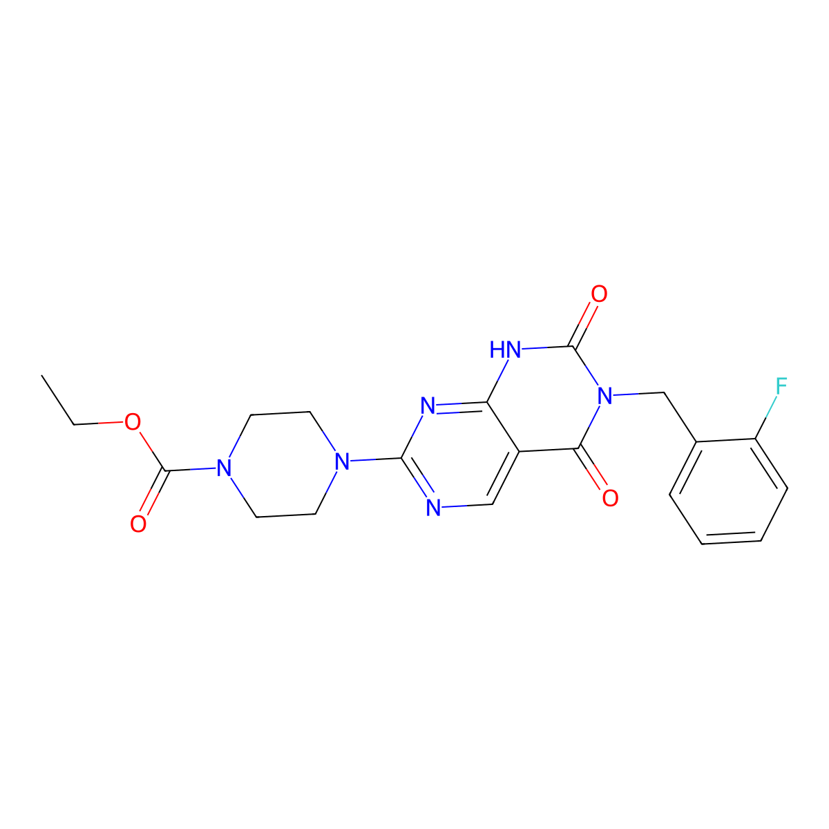 Ethyl 4-(6-(2-fluorobenzyl)-5,7-dioxo-5,6,7,8-tetrahydropyrimido[4,5-d]pyrimidin-2-yl)piperazine-1-carboxylate molecular structure, CAS 1396686-89-7