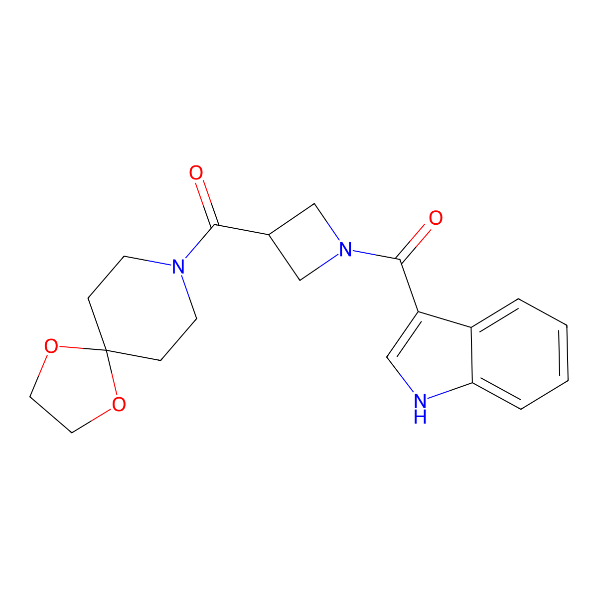 (3-(1,4-dioxa-8-azaspiro[4.5]decane-8-carbonyl)azetidin-1-yl)(1H-indol-3-yl)methanone molecular structure, CAS 1396686-90-0