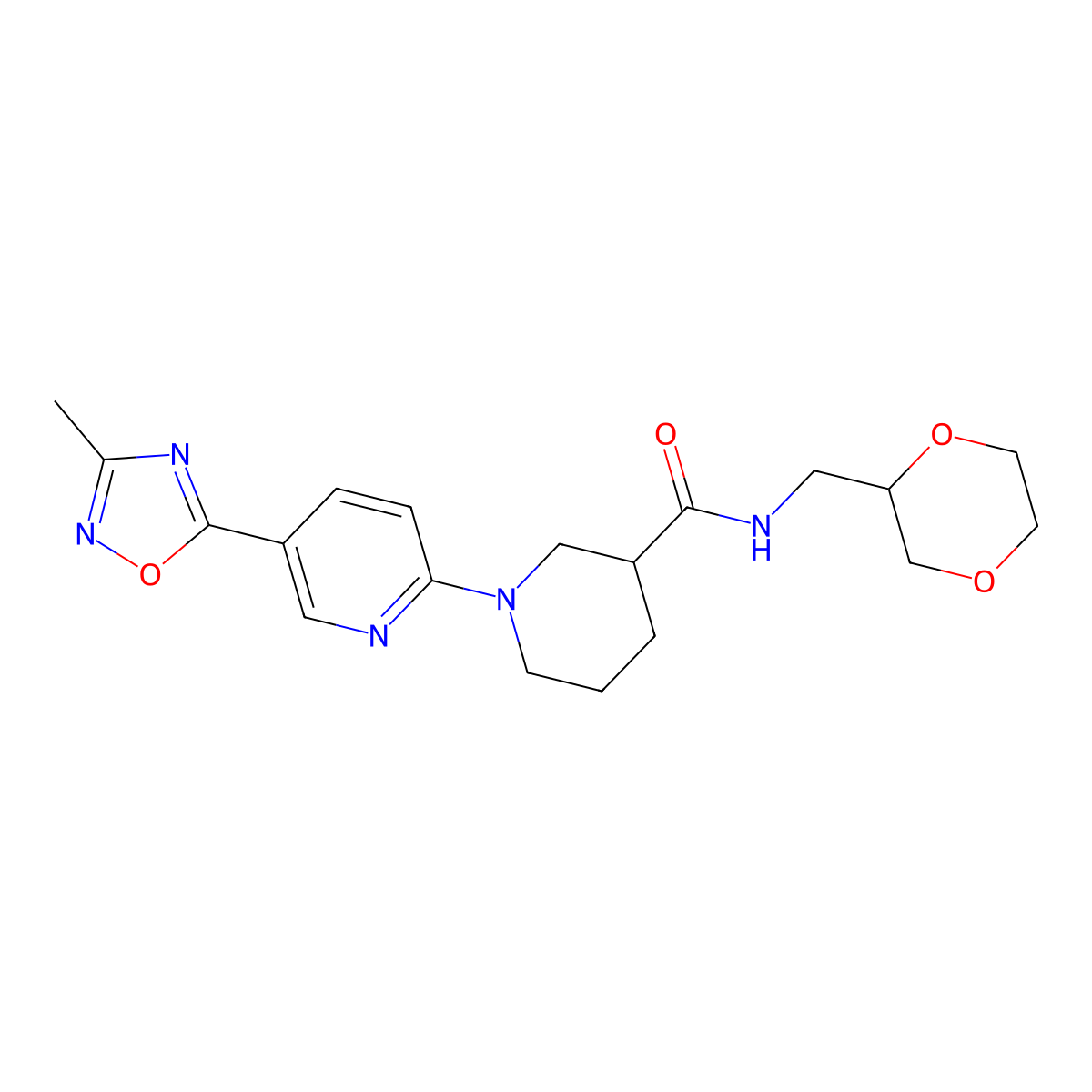N-(1,4-dioxan-2-ylmethyl)-1-[5-(3-methyl-1,2,4-oxadiazol-5-yl)pyridin-2-yl]piperidine-3-carboxamide molecular structure, CAS 1396687-06-1