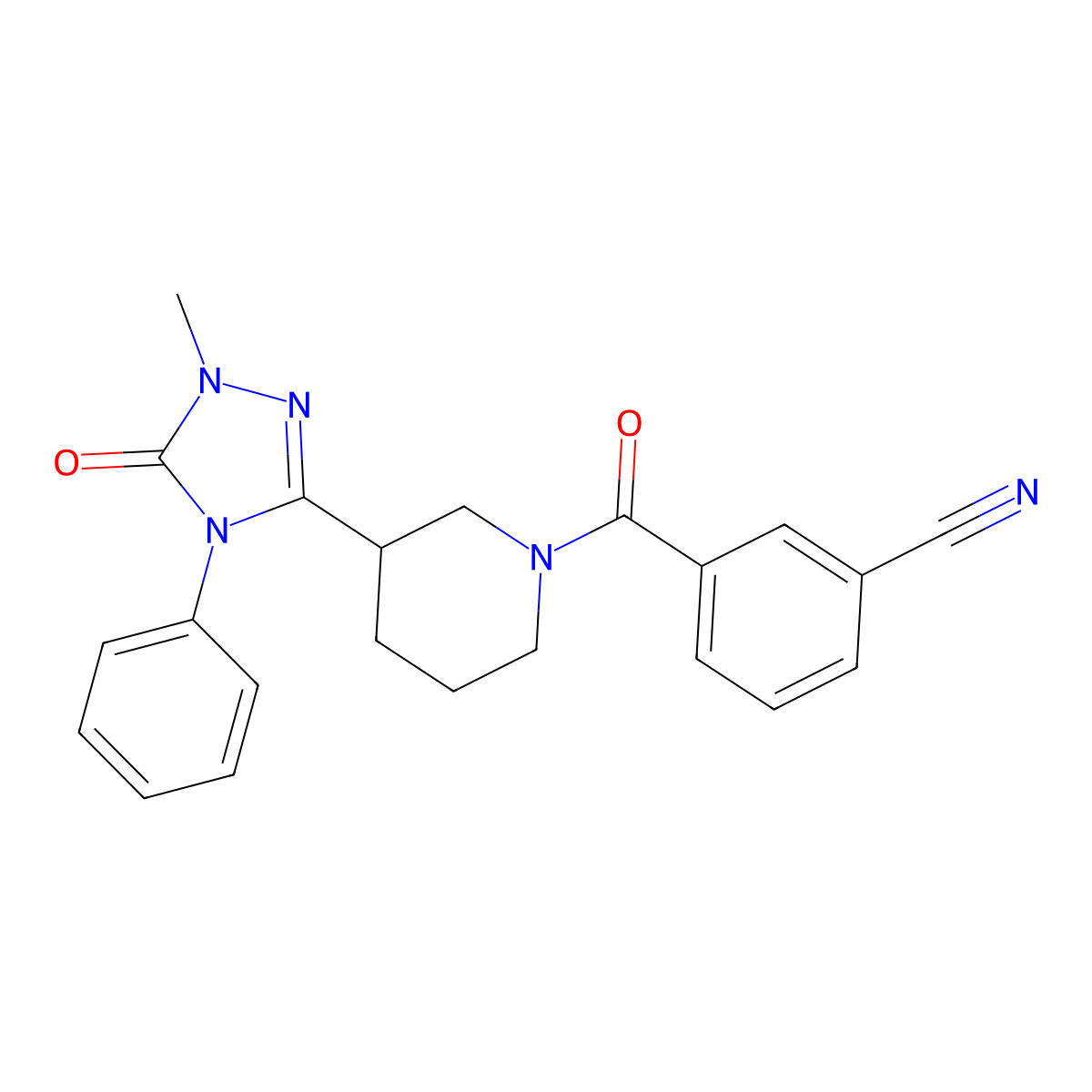 3-[3-(1-methyl-5-oxo-4-phenyl-4,5-dihydro-1H-1,2,4-triazol-3-yl)piperidine-1-carbonyl]benzonitrile molecular structure, CAS 1396687-07-2