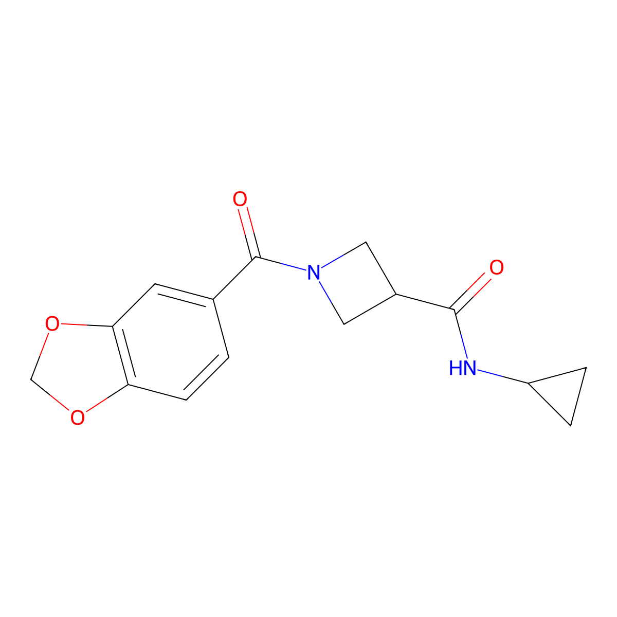 1-(benzo[d][1,3]dioxole-5-carbonyl)-N-cyclopropylazetidine-3-carboxamide molecular structure, CAS 1396687-08-3