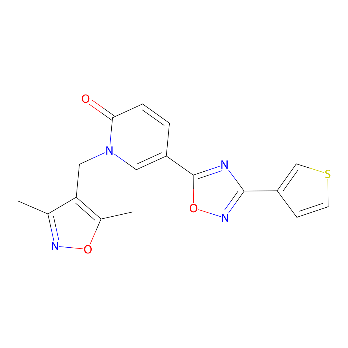 1-((3,5-dimethylisoxazol-4-yl)methyl)-5-(3-(thiophen-3-yl)-1,2,4-oxadiazol-5-yl)pyridin-2(1H)-one molecular structure, CAS 1396687-11-8