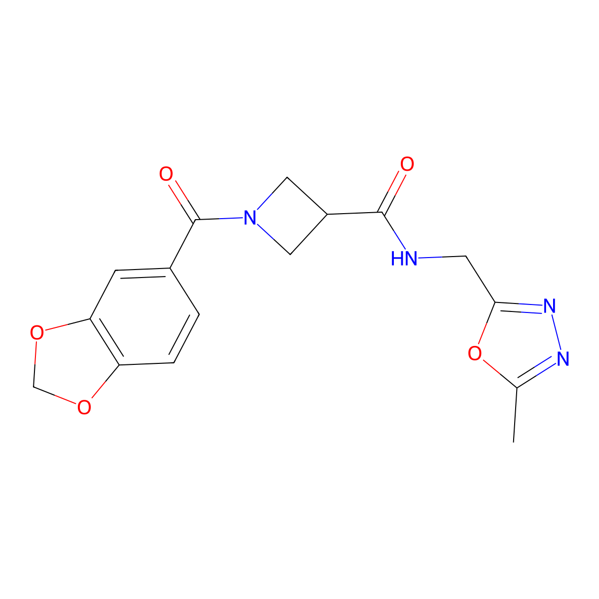 1-(benzo[d][1,3]dioxole-5-carbonyl)-N-((5-methyl-1,3,4-oxadiazol-2-yl)methyl)azetidine-3-carboxamide molecular structure, CAS 1396687-12-9
