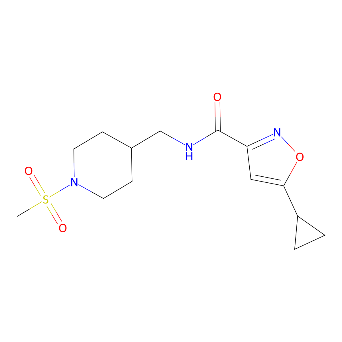 5-cyclopropyl-N-((1-(methylsulfonyl)piperidin-4-yl)methyl)isoxazole-3-carboxamide molecular structure, CAS 1396687-18-5