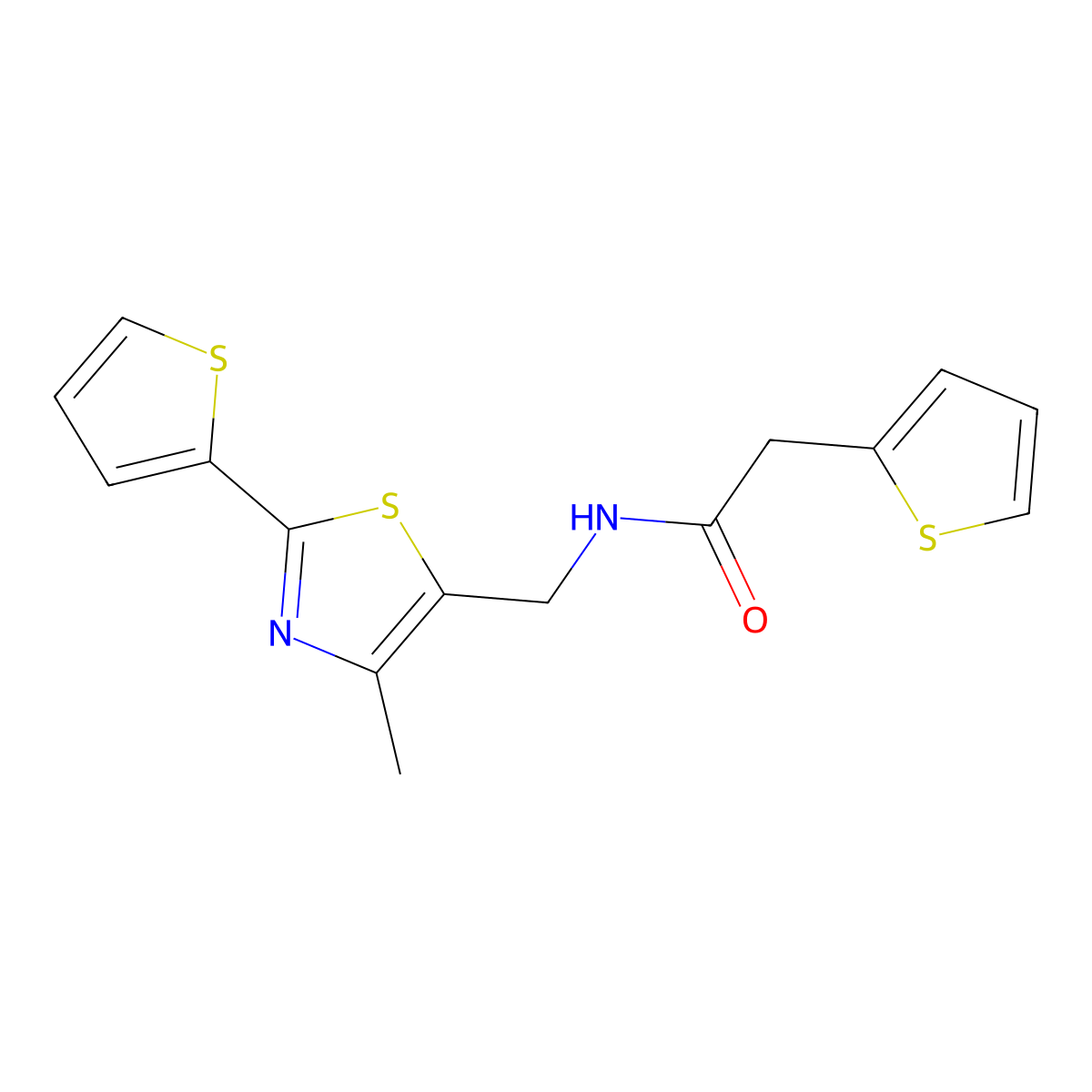 N-((4-methyl-2-(thiophen-2-yl)thiazol-5-yl)methyl)-2-(thiophen-2-yl)acetamide molecular structure, CAS 1396687-22-1