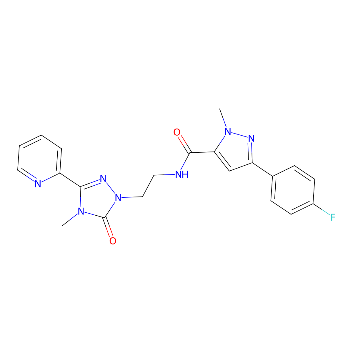 3-(4-fluorophenyl)-1-methyl-N-{2-[4-methyl-5-oxo-3-(pyridin-2-yl)-4,5-dihydro-1H-1,2,4-triazol-1-yl]ethyl}-1H-pyrazole-5-carboxamide molecular structure, CAS 1396687-27-6