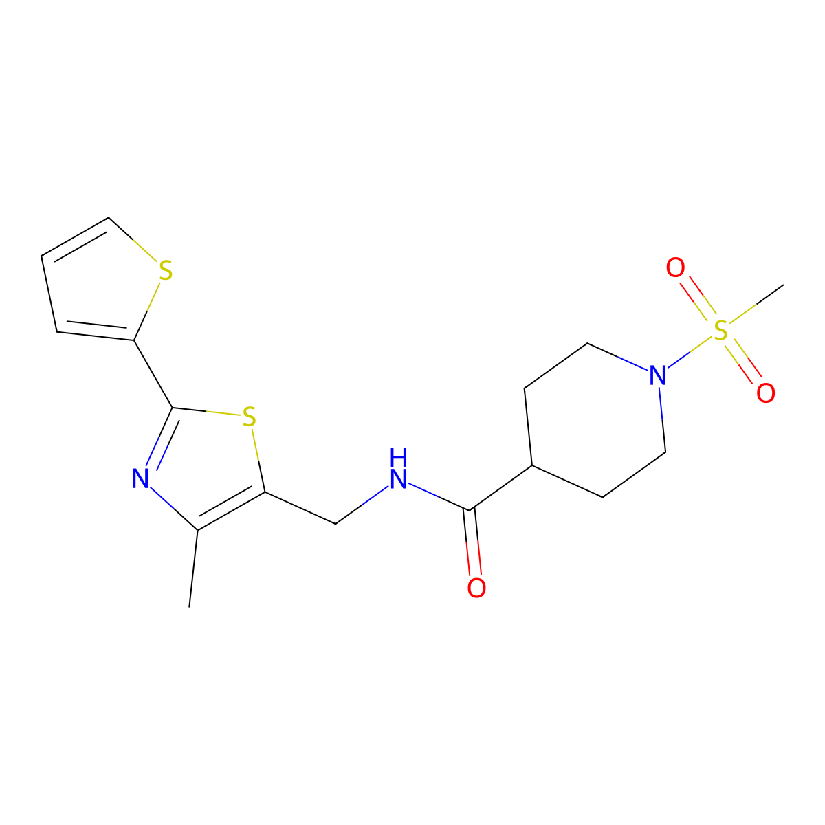 N-((4-methyl-2-(thiophen-2-yl)thiazol-5-yl)methyl)-1-(methylsulfonyl)piperidine-4-carboxamide molecular structure, CAS 1396687-35-6