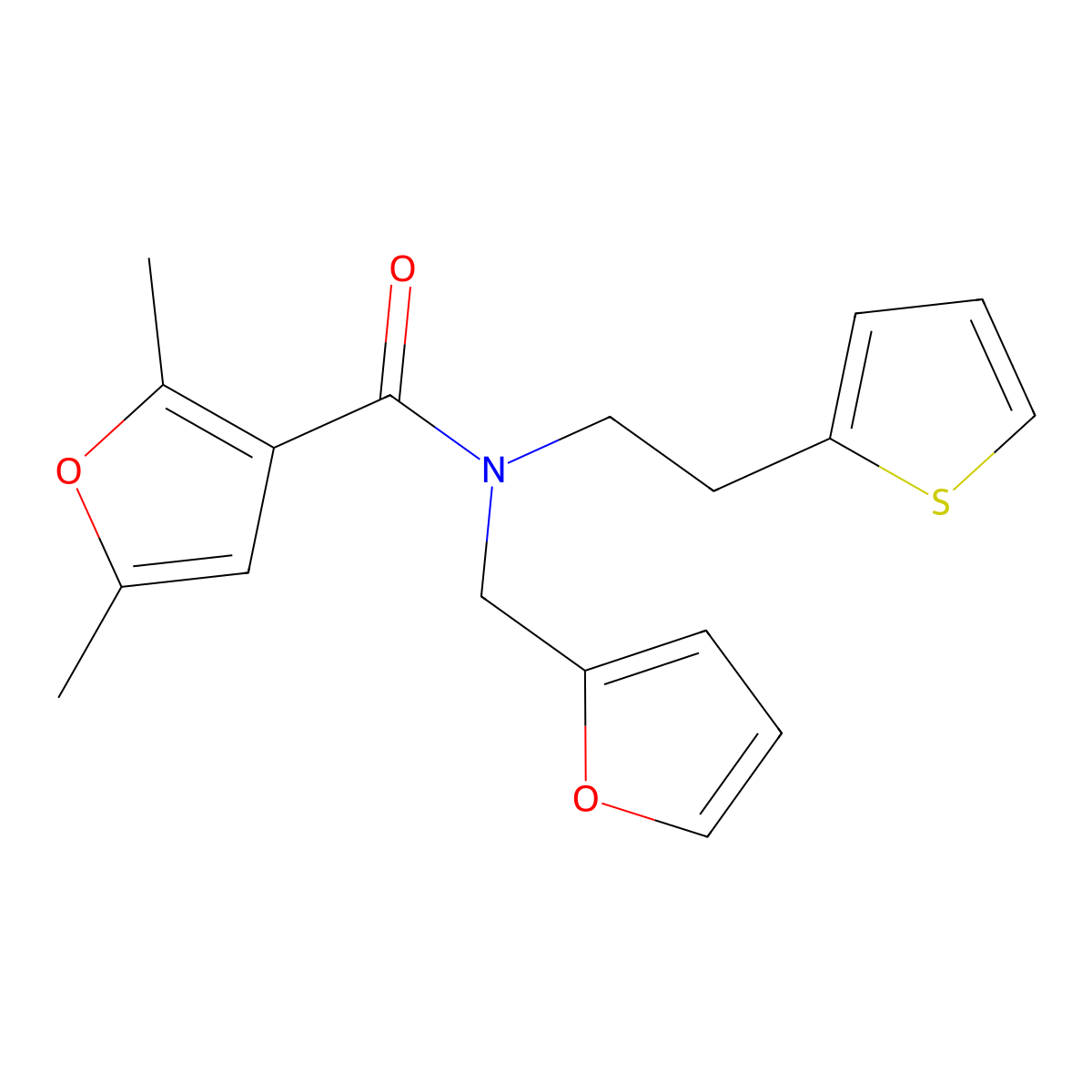 N-(furan-2-ylmethyl)-2,5-dimethyl-N-(2-(thiophen-2-yl)ethyl)furan-3-carboxamide molecular structure, CAS 1396687-39-0