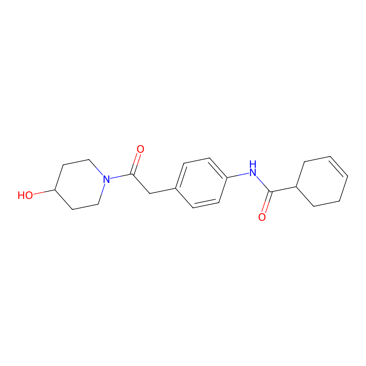 N-(4-(2-(4-hydroxypiperidin-1-yl)-2-oxoethyl)phenyl)cyclohex-3-enecarboxamide molecular structure, CAS 1396687-45-8