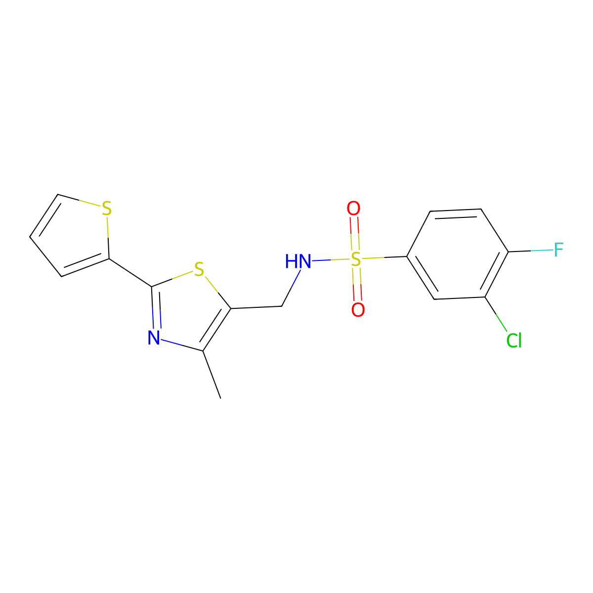 3-chloro-4-fluoro-N-{[4-methyl-2-(thiophen-2-yl)-1,3-thiazol-5-yl]methyl}benzene-1-sulfonamide molecular structure, CAS 1396706-65-2