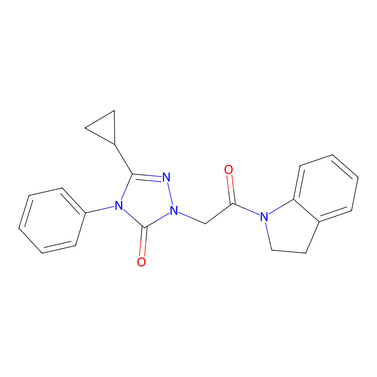 3-cyclopropyl-1-(2-(indolin-1-yl)-2-oxoethyl)-4-phenyl-1H-1,2,4-triazol-5(4H)-one molecular structure, CAS 1396706-78-7