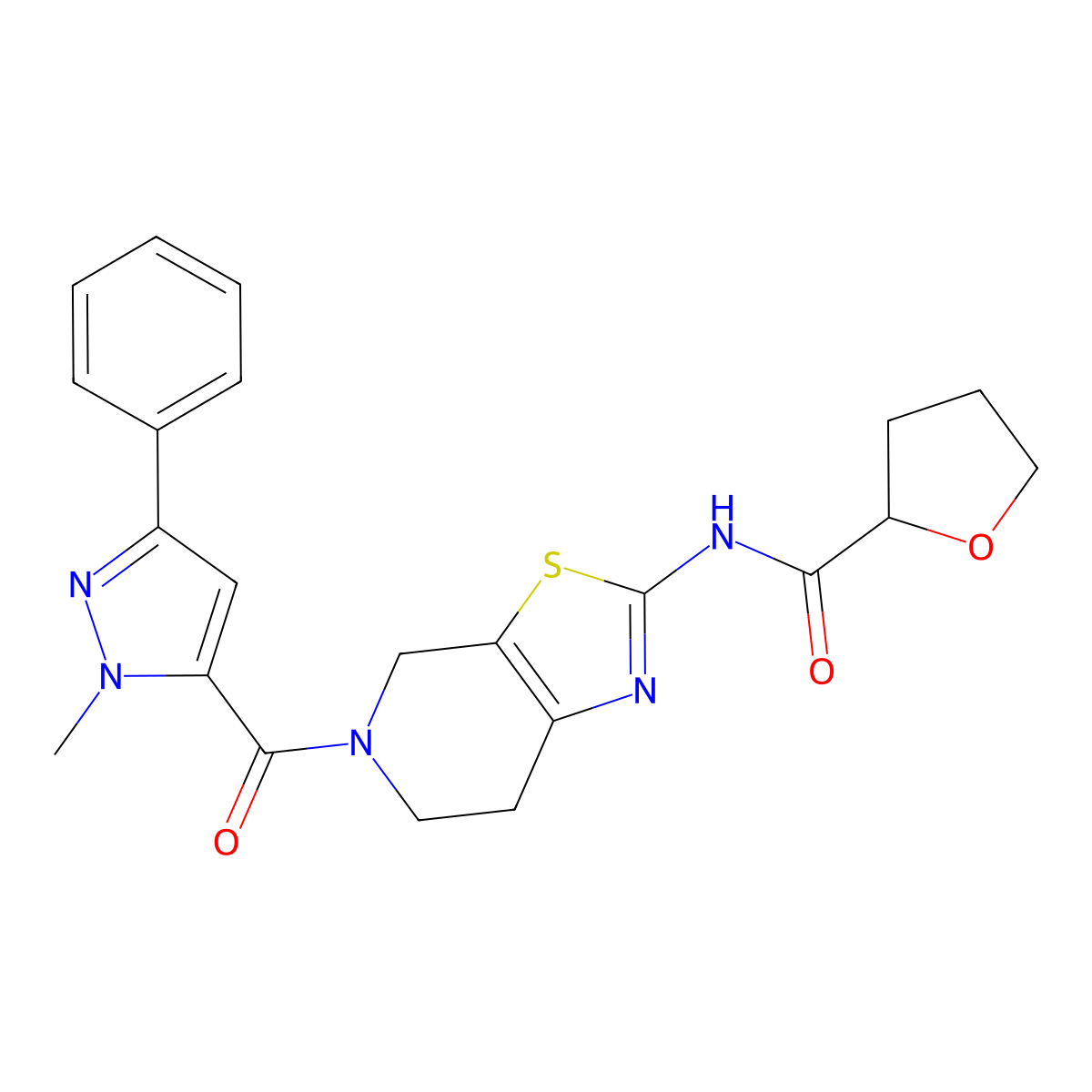 N-(5-(1-methyl-3-phenyl-1H-pyrazole-5-carbonyl)-4,5,6,7-tetrahydrothiazolo[5,4-c]pyridin-2-yl)tetrahydrofuran-2-carboxamide molecular structure, CAS 1396707-39-3