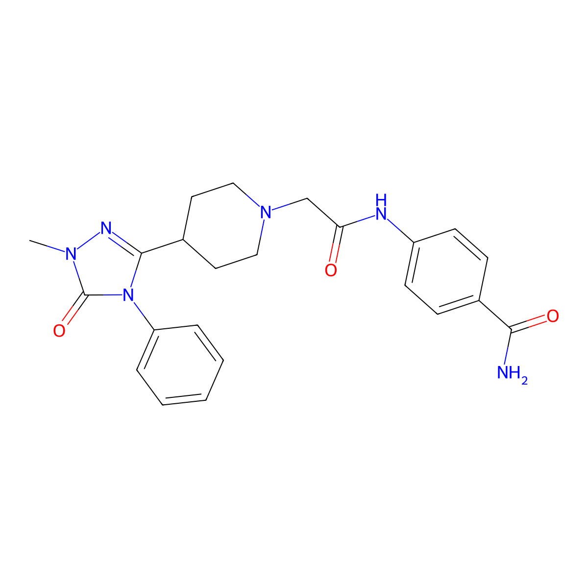 4-(2-(4-(1-methyl-5-oxo-4-phenyl-4,5-dihydro-1H-1,2,4-triazol-3-yl)piperidin-1-yl)acetamido)benzamide molecular structure, CAS 1396707-41-7