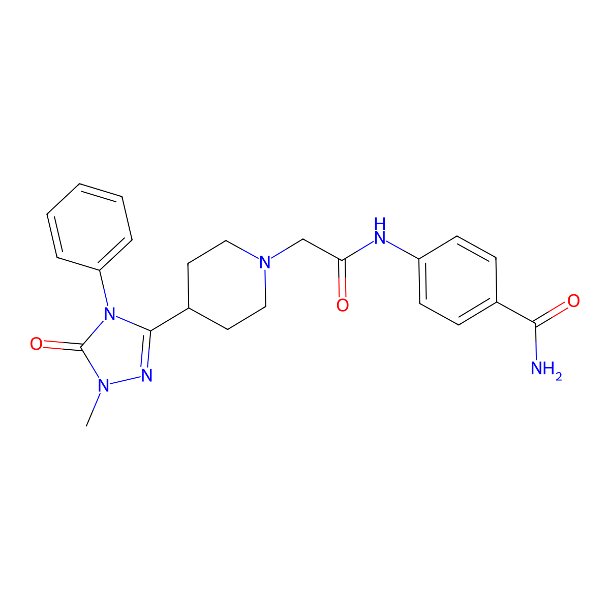 4-(2-(4-(1-methyl-5-oxo-4-phenyl-4,5-dihydro-1H-1,2,4-triazol-3-yl)piperidin-1-yl)acetamido)benzamide molecular structure, CAS 1396707-41-7