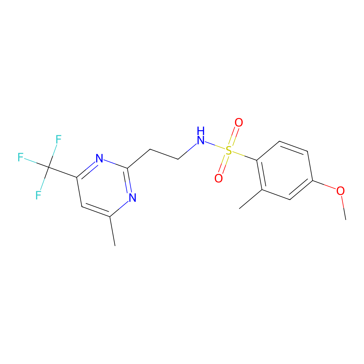 4-methoxy-2-methyl-N-(2-(4-methyl-6-(trifluoromethyl)pyrimidin-2-yl)ethyl)benzenesulfonamide molecular structure, CAS 1396707-66-6