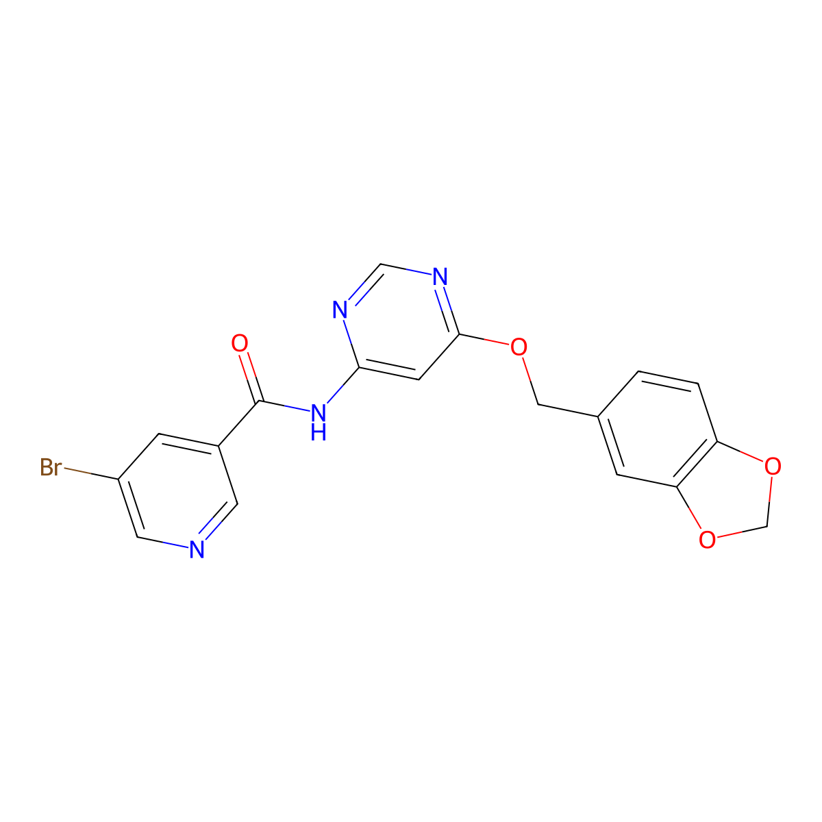 N-(6-(benzo[d][1,3]dioxol-5-ylmethoxy)pyrimidin-4-yl)-5-bromonicotinamide molecular structure, CAS 1396707-69-9