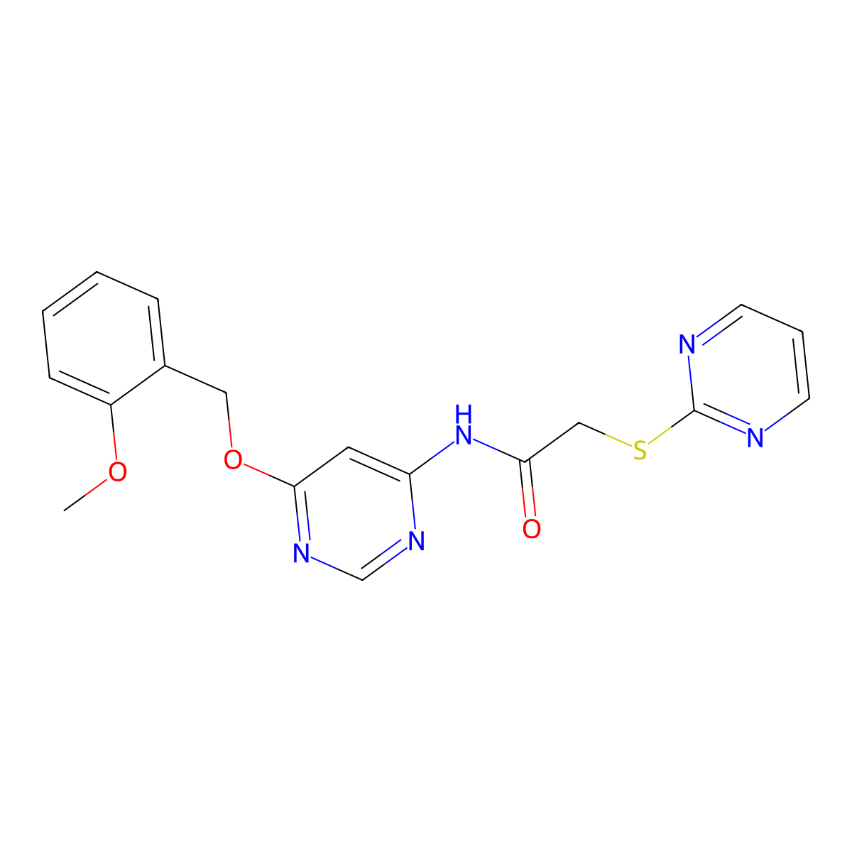 N-(6-((2-methoxybenzyl)oxy)pyrimidin-4-yl)-2-(pyrimidin-2-ylthio)acetamide molecular structure, CAS 1396707-80-4