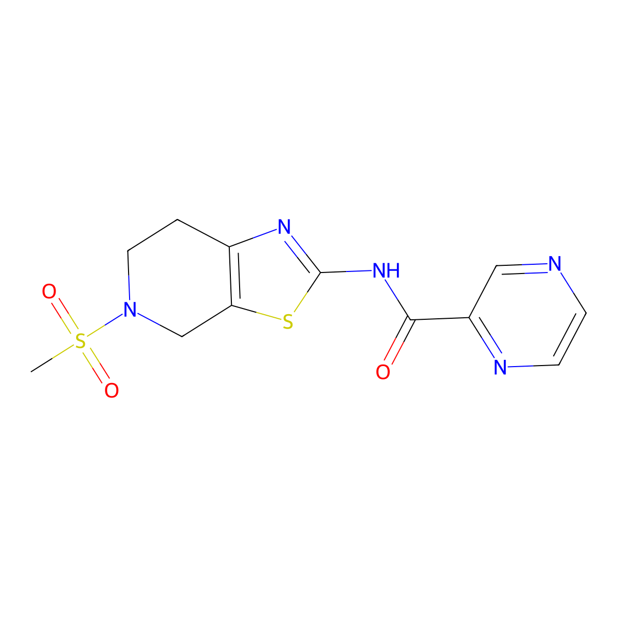 N-(5-(methylsulfonyl)-4,5,6,7-tetrahydrothiazolo[5,4-c]pyridin-2-yl)pyrazine-2-carboxamide molecular structure, CAS 1396707-93-9