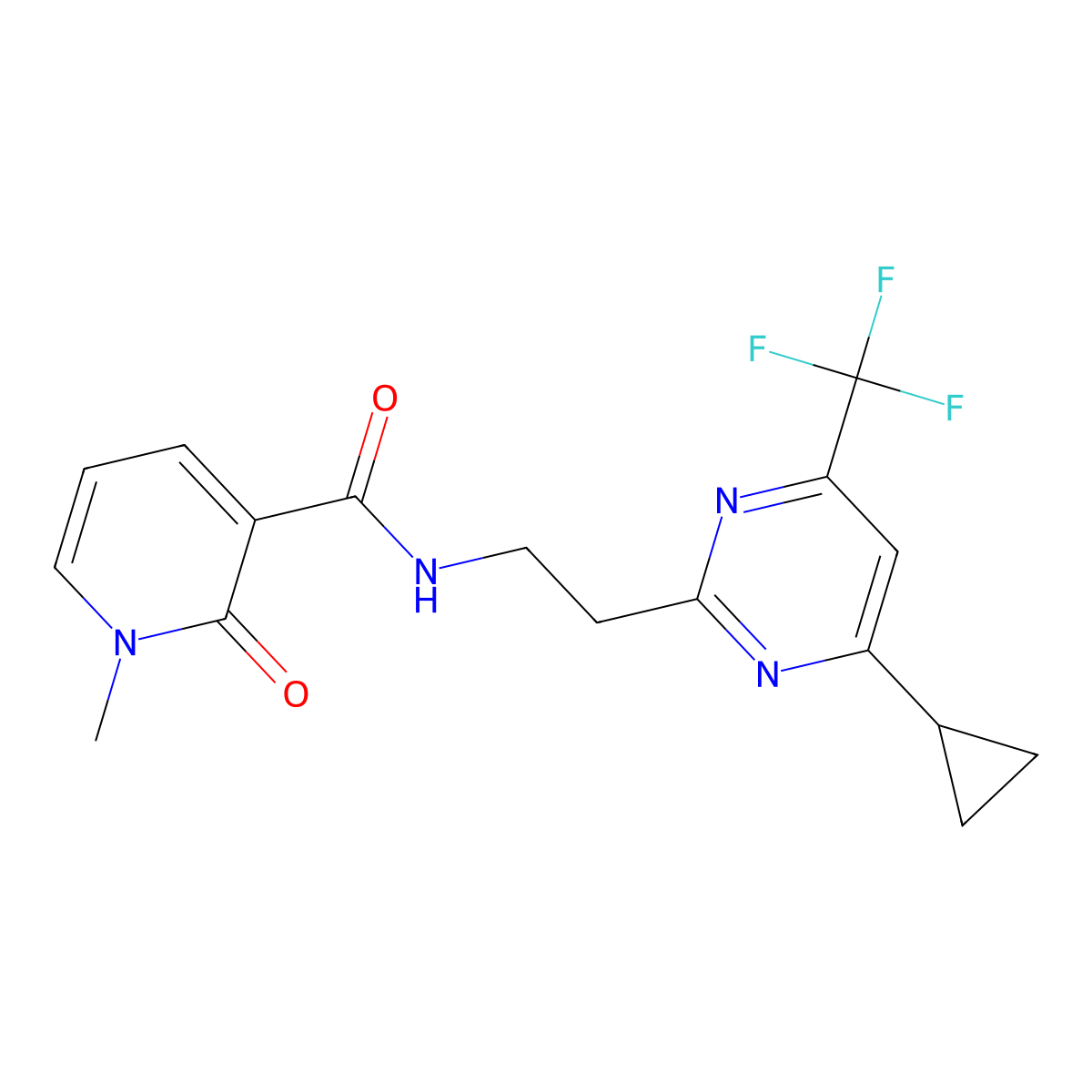 N-{2-[4-cyclopropyl-6-(trifluoromethyl)pyrimidin-2-yl]ethyl}-1-methyl-2-oxo-1,2-dihydropyridine-3-carboxamide molecular structure, CAS 1396708-02-3