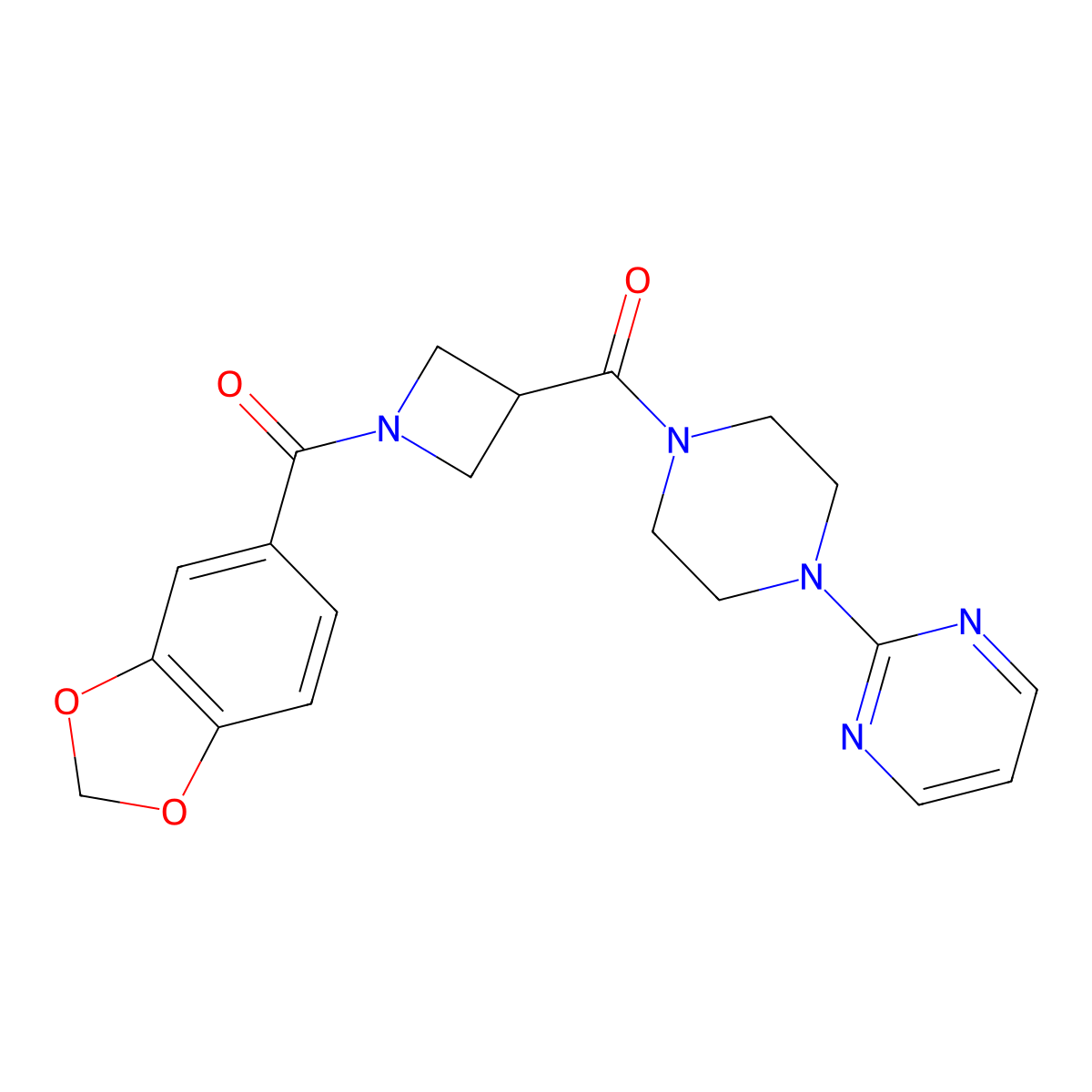 Benzo[d][1,3]dioxol-5-yl(3-(4-(pyrimidin-2-yl)piperazine-1-carbonyl)azetidin-1-yl)methanone molecular structure, CAS 1396708-44-3