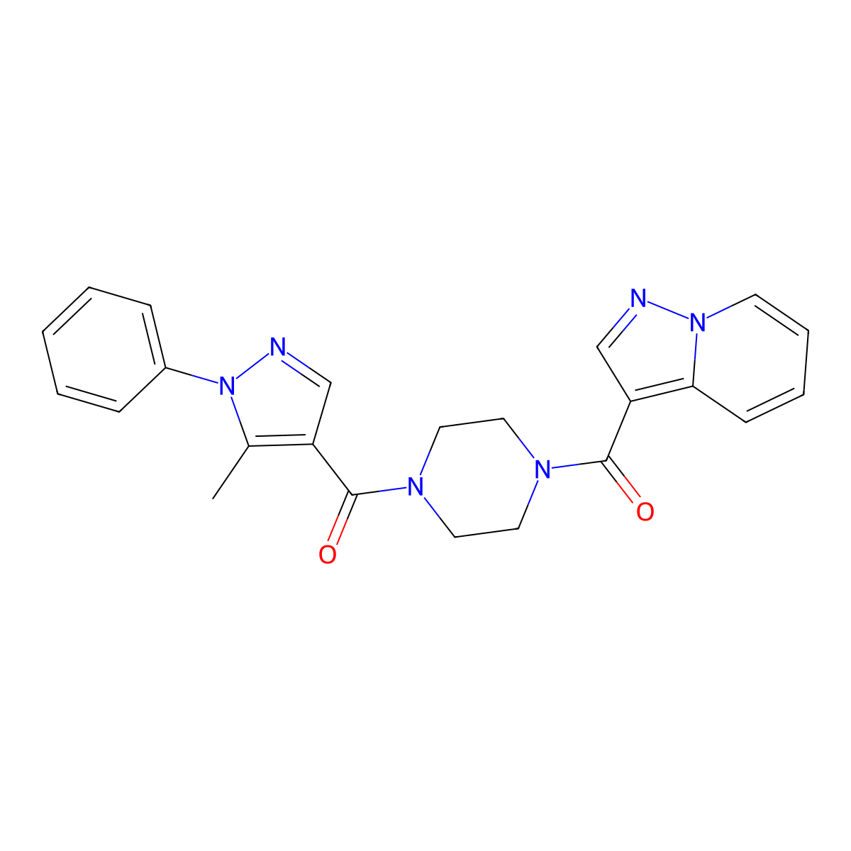 (5-methyl-1-phenyl-1H-pyrazol-4-yl)(4-(pyrazolo[1,5-a]pyridine-3-carbonyl)piperazin-1-yl)methanone molecular structure, CAS 1396708-93-2