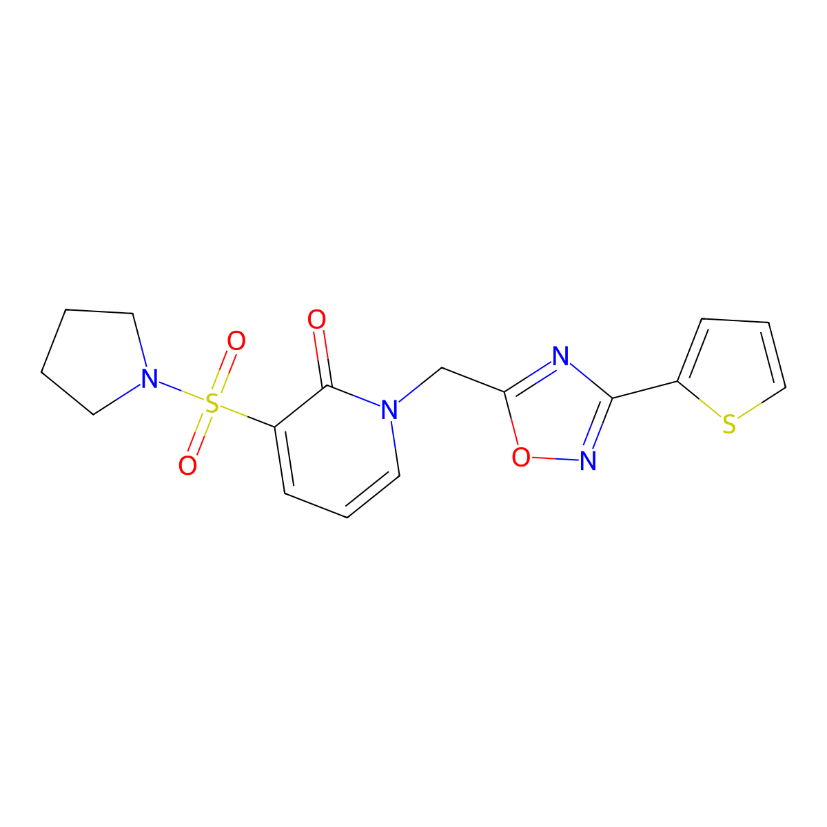3-(pyrrolidin-1-ylsulfonyl)-1-((3-(thiophen-2-yl)-1,2,4-oxadiazol-5-yl)methyl)pyridin-2(1H)-one molecular structure, CAS 1396709-14-0