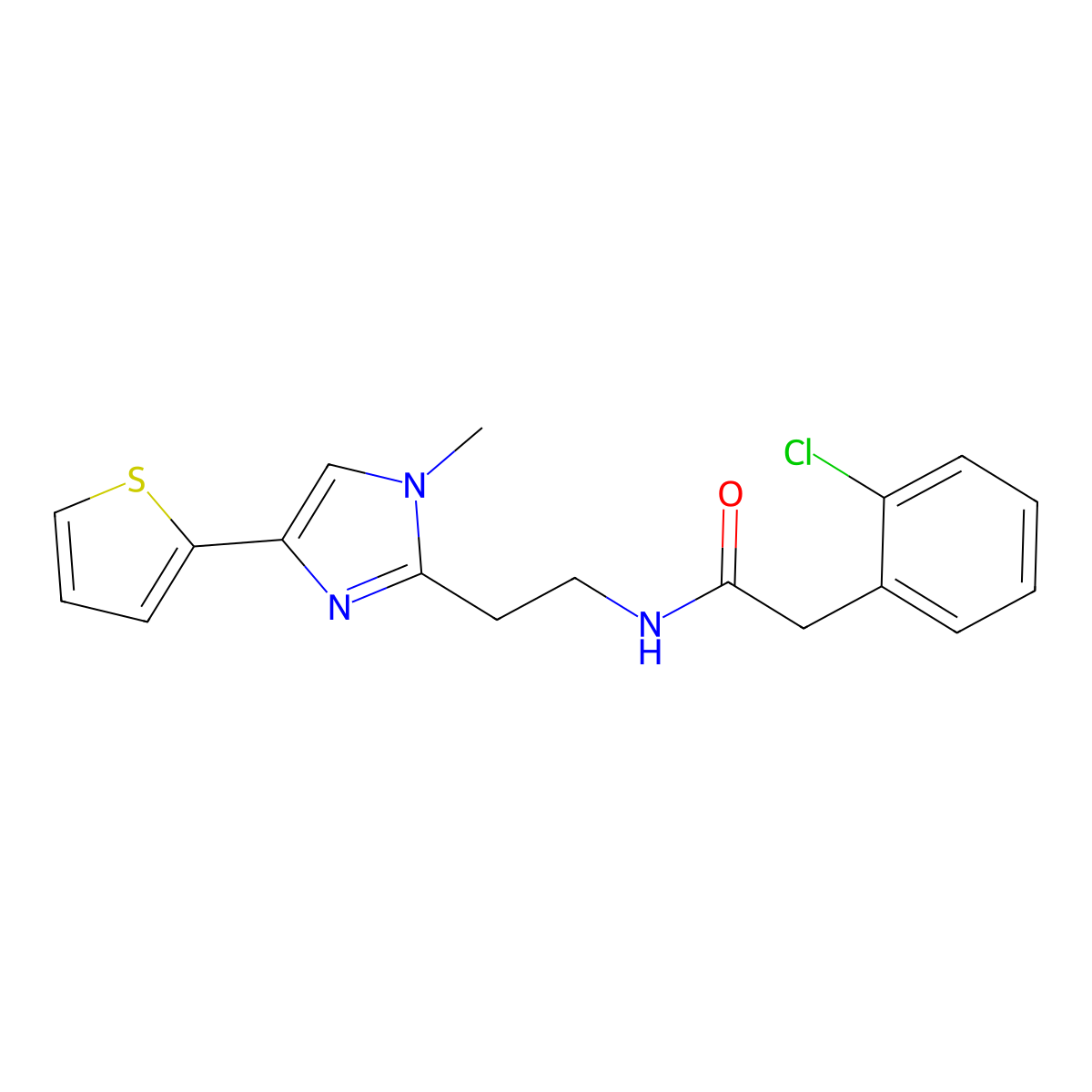 2-(2-chlorophenyl)-N-(2-(1-methyl-4-(thiophen-2-yl)-1H-imidazol-2-yl)ethyl)acetamide molecular structure, CAS 1396709-22-0