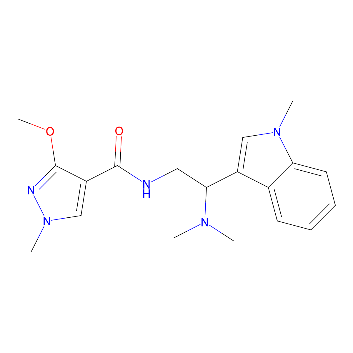 N-(2-(dimethylamino)-2-(1-methyl-1H-indol-3-yl)ethyl)-3-methoxy-1-methyl-1H-pyrazole-4-carboxamide molecular structure, CAS 1396709-40-2