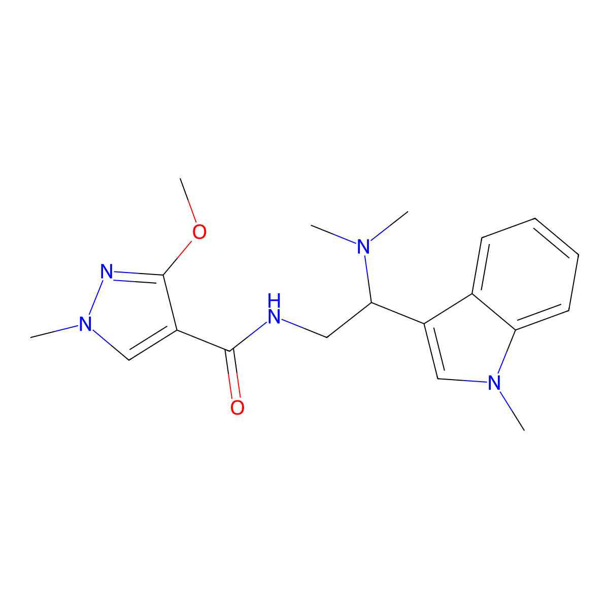 N-(2-(dimethylamino)-2-(1-methyl-1H-indol-3-yl)ethyl)-3-methoxy-1-methyl-1H-pyrazole-4-carboxamide molecular structure, CAS 1396709-40-2