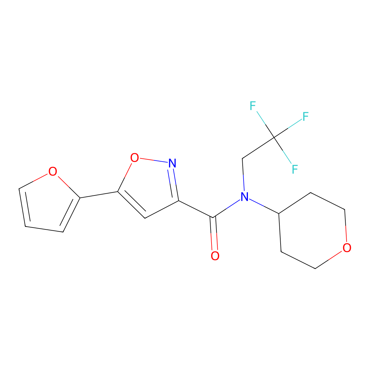 5-(Furan-2-yl)-N-(oxan-4-yl)-N-(2,2,2-trifluoroethyl)-1,2-oxazole-3-carboxamide molecular structure, CAS 1396710-40-9
