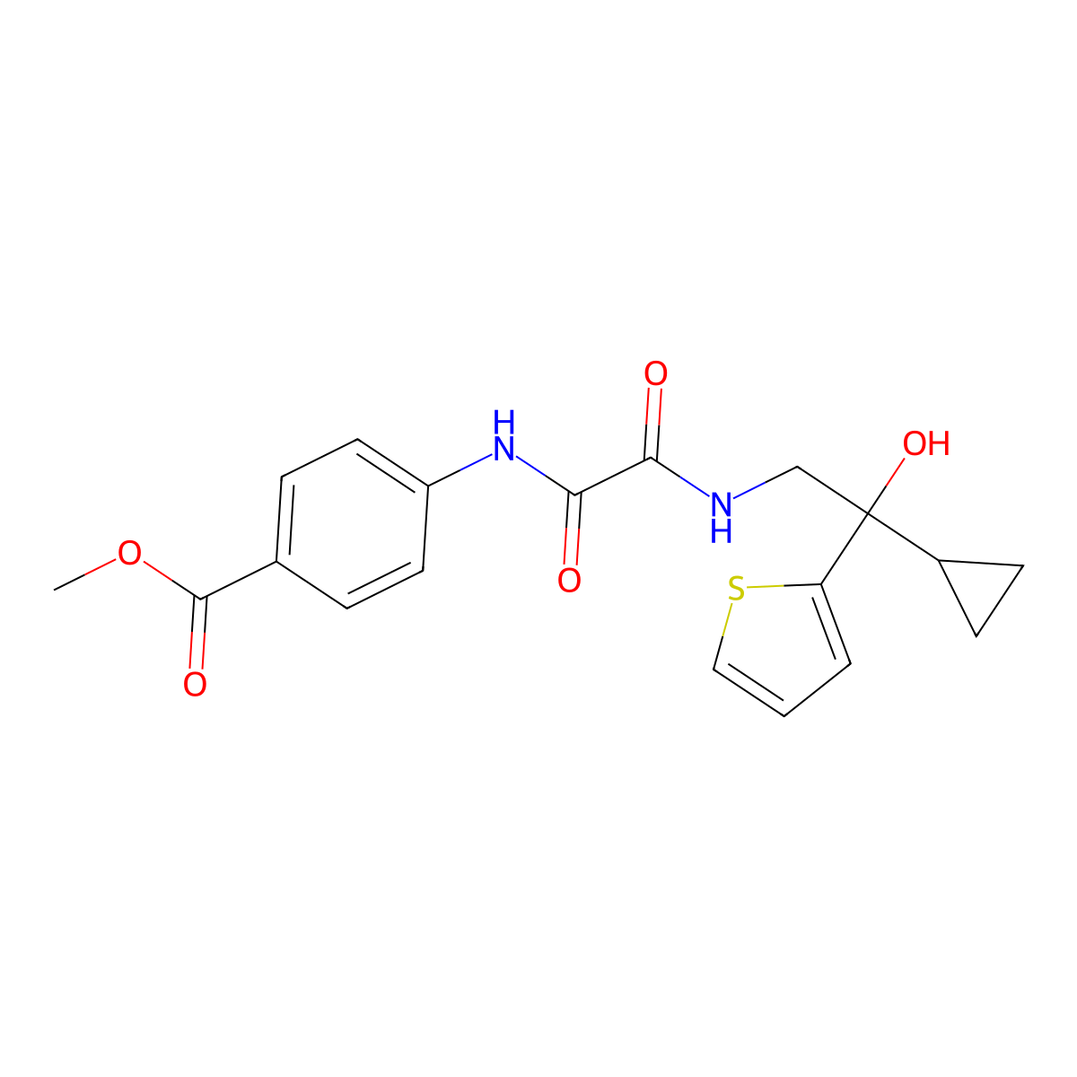 Methyl 4-(2-((2-cyclopropyl-2-hydroxy-2-(thiophen-2-yl)ethyl)amino)-2-oxoacetamido)benzoate molecular structure, CAS 1396710-80-7