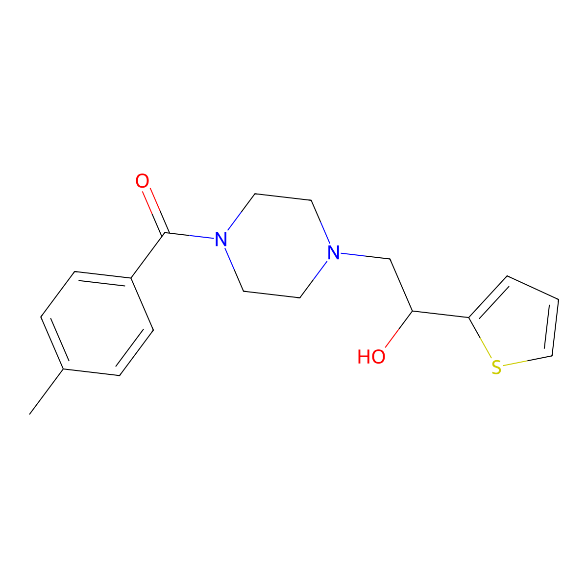 (4-(2-Hydroxy-2-(thiophen-2-yl)ethyl)piperazin-1-yl)(p-tolyl)methanone molecular structure, CAS 1396710-89-6