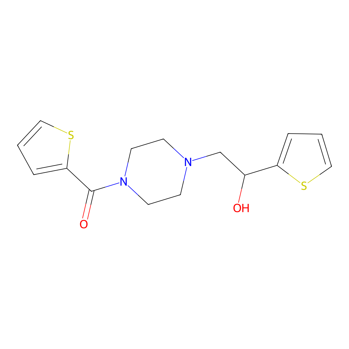 (4-(2-Hydroxy-2-(thiophen-2-yl)ethyl)piperazin-1-yl)(thiophen-2-yl)methanone molecular structure, CAS 1396710-97-6