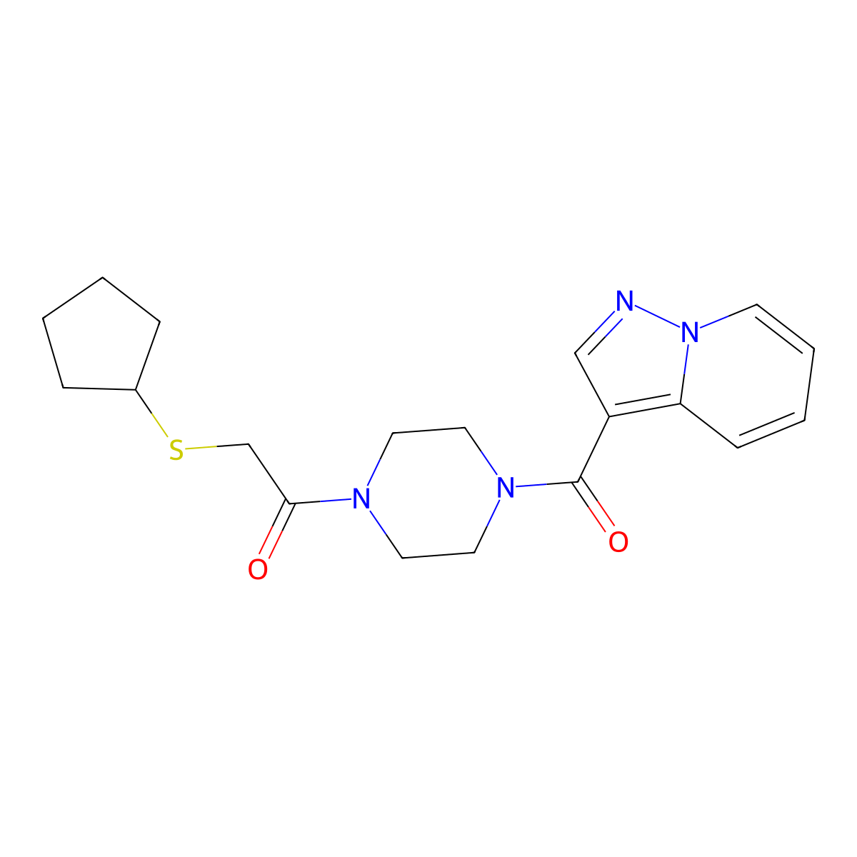 2-(Cyclopentylthio)-1-(4-(pyrazolo[1,5-a]pyridine-3-carbonyl)piperazin-1-yl)ethanone molecular structure, CAS 1396711-17-3