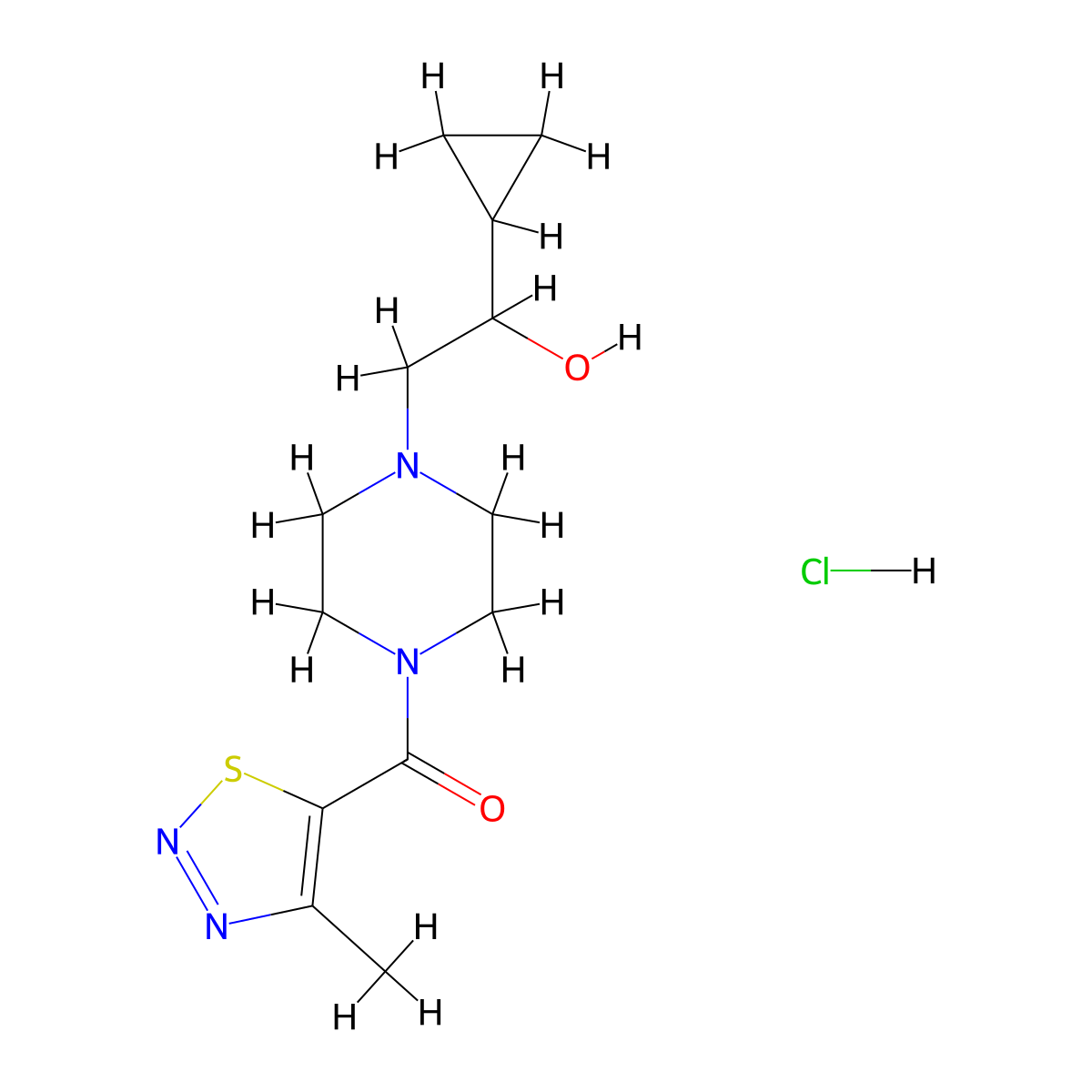 (4-(2-Cyclopropyl-2-hydroxyethyl)piperazin-1-yl)(4-methyl-1,2,3-thiadiazol-5-yl)methanone hydrochloride molecular structure, CAS 1396711-61-7