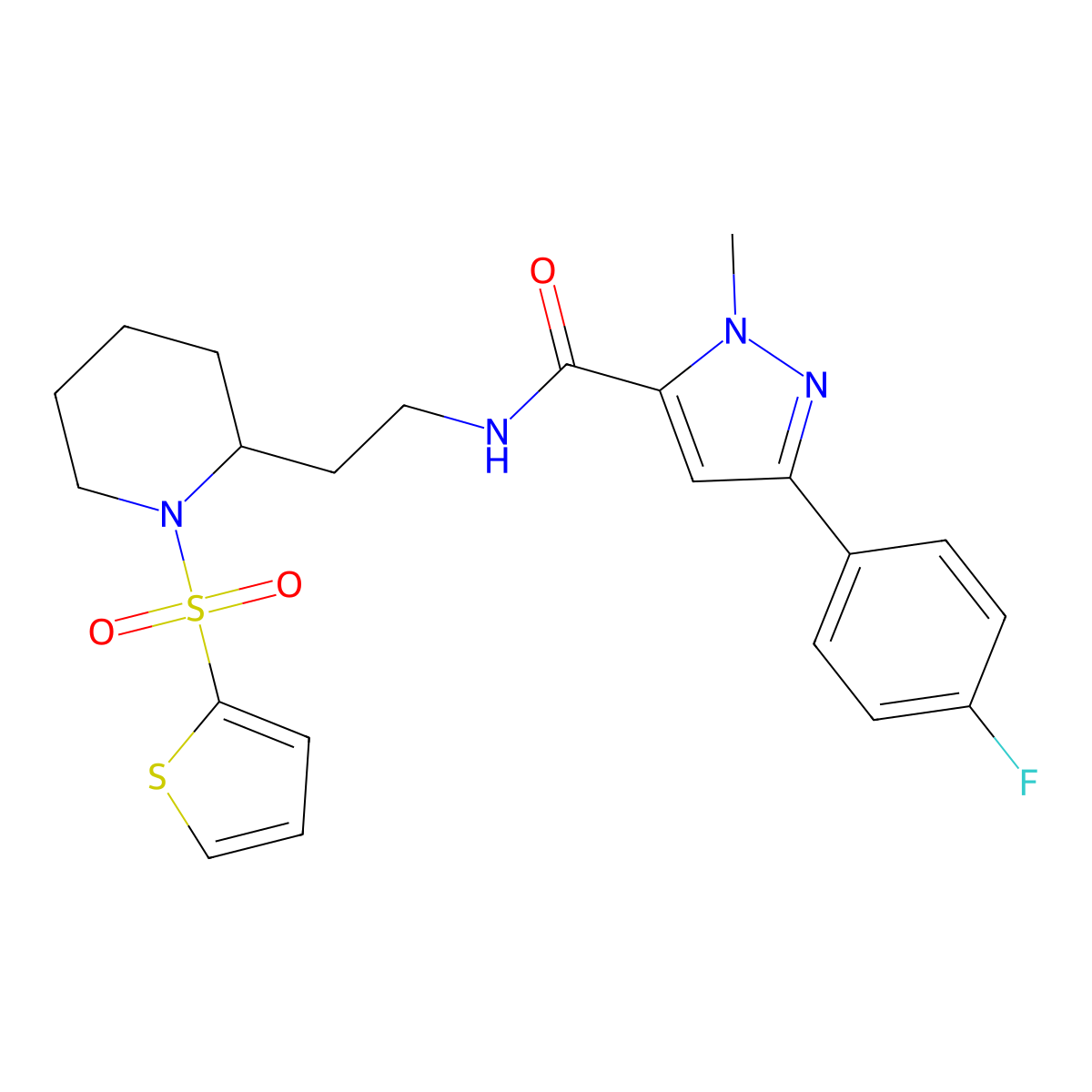 3-(4-fluorophenyl)-1-methyl-N-(2-(1-(thiophen-2-ylsulfonyl)piperidin-2-yl)ethyl)-1H-pyrazole-5-carboxamide molecular structure, CAS 1396711-82-2