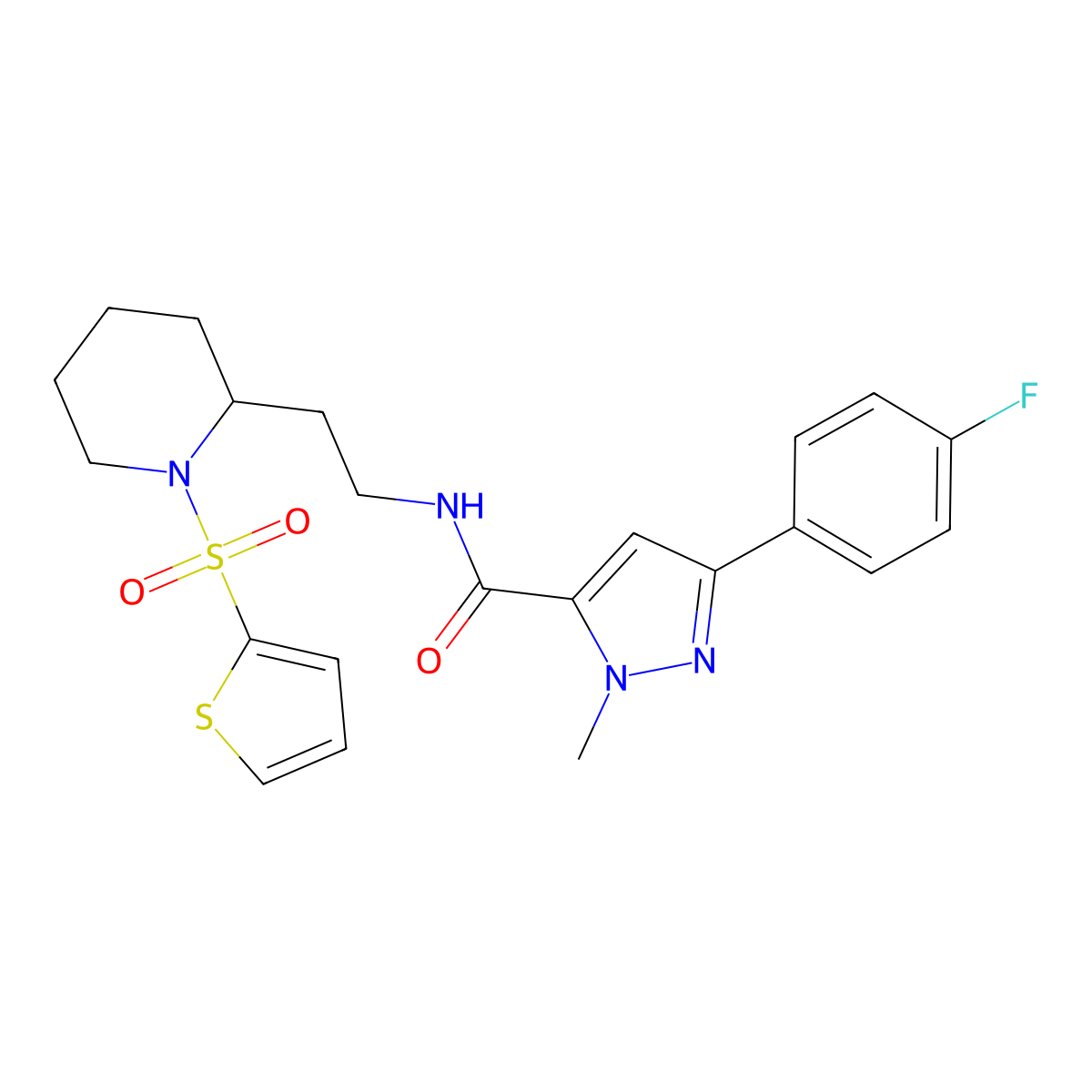 3-(4-fluorophenyl)-1-methyl-N-(2-(1-(thiophen-2-ylsulfonyl)piperidin-2-yl)ethyl)-1H-pyrazole-5-carboxamide molecular structure, CAS 1396711-82-2