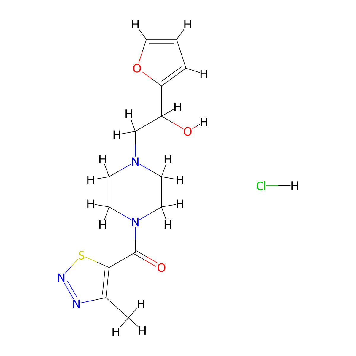 (4-(2-(Furan-2-yl)-2-hydroxyethyl)piperazin-1-yl)(4-methyl-1,2,3-thiadiazol-5-yl)methanone hydrochloride molecular structure, CAS 1396712-00-7
