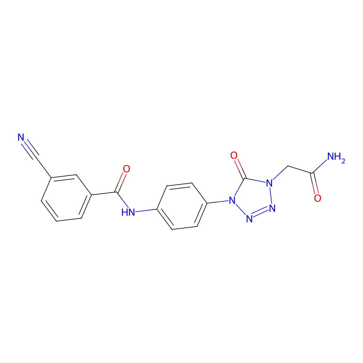 N-(4-(4-(2-amino-2-oxoethyl)-5-oxo-4,5-dihydro-1H-tetrazol-1-yl)phenyl)-3-cyanobenzamide molecular structure, CAS 1396712-13-2
