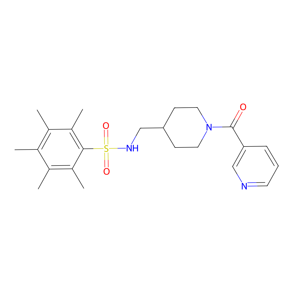 2,3,4,5,6-pentamethyl-N-((1-nicotinoylpiperidin-4-yl)methyl)benzenesulfonamide molecular structure, CAS 1396712-29-0