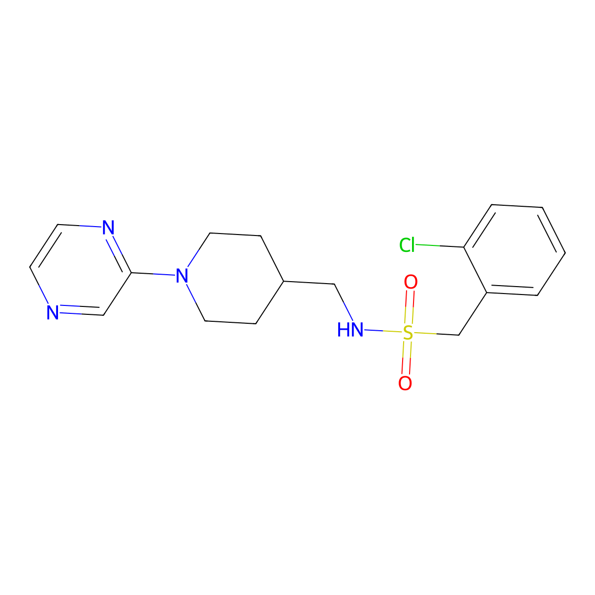 1-(2-chlorophenyl)-N-((1-(pyrazin-2-yl)piperidin-4-yl)methyl)methanesulfonamide molecular structure, CAS 1396712-41-6
