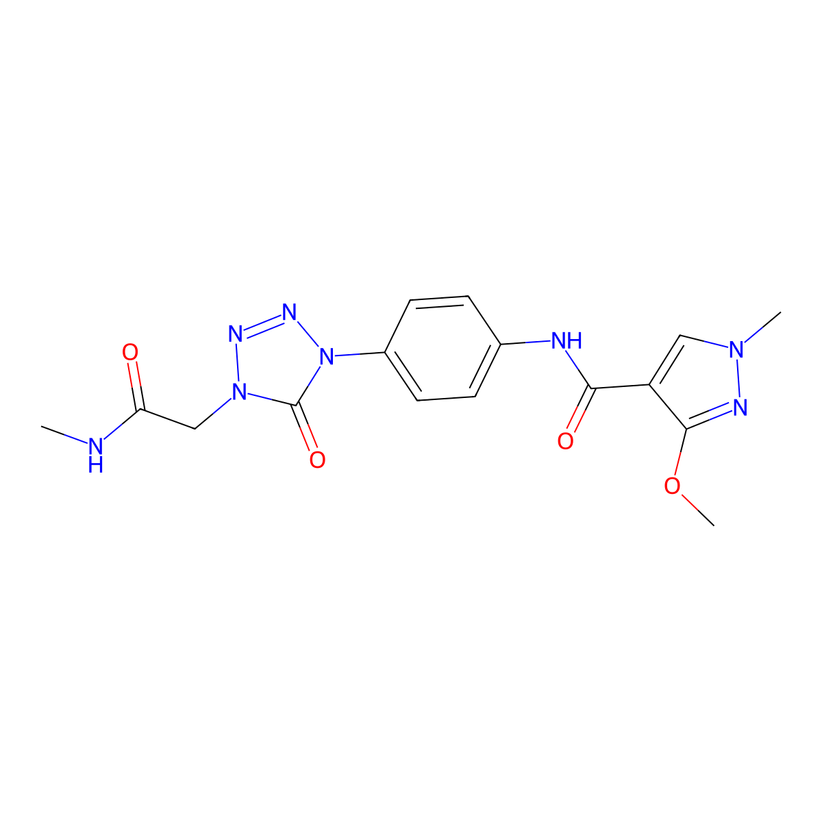 3-methoxy-1-methyl-N-(4-(4-(2-(methylamino)-2-oxoethyl)-5-oxo-4,5-dihydro-1H-tetrazol-1-yl)phenyl)-1H-pyrazole-4-carboxamide molecular structure, CAS 1396712-42-7