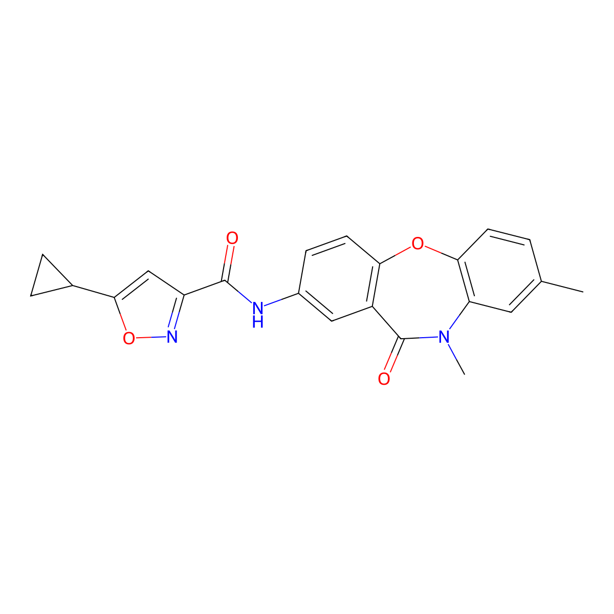 5-cyclopropyl-N-{6,9-dimethyl-10-oxo-2-oxa-9-azatricyclo[9.4.0.0^{3,8}]pentadeca-1(11),3(8),4,6,12,14-hexaen-13-yl}-1,2-oxazole-3-carboxamide molecular structure, CAS 1396712-48-3