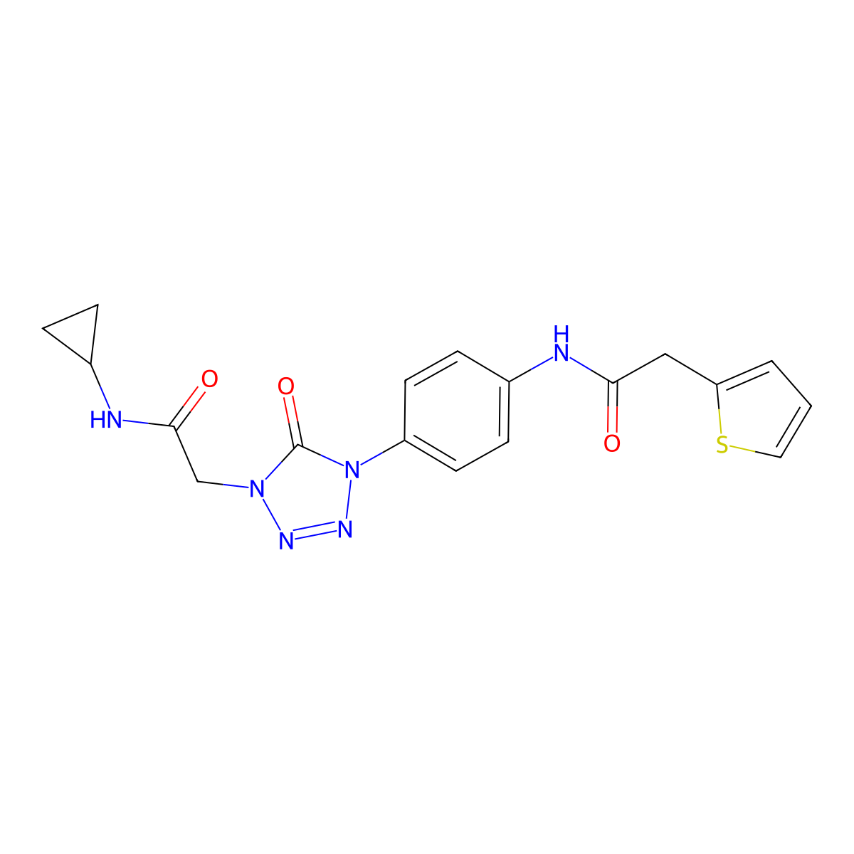 N-cyclopropyl-2-(5-oxo-4-{4-[2-(thiophen-2-yl)acetamido]phenyl}-4,5-dihydro-1H-1,2,3,4-tetrazol-1-yl)acetamide molecular structure, CAS 1396712-55-2