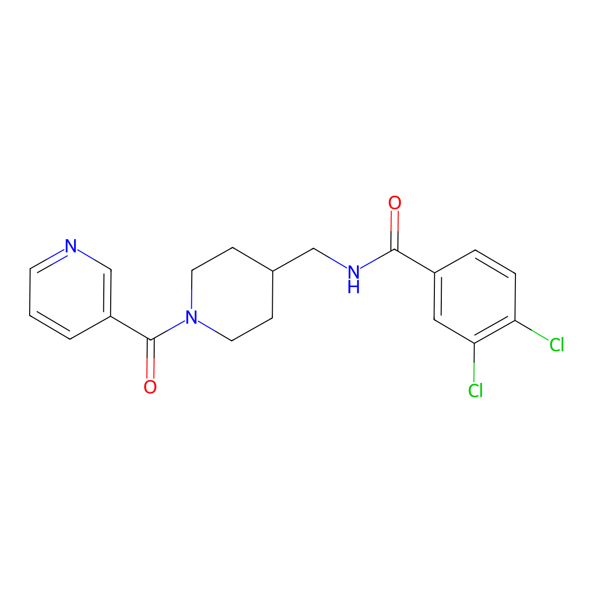 3,4-dichloro-N-((1-nicotinoylpiperidin-4-yl)methyl)benzamide molecular structure, CAS 1396712-92-7
