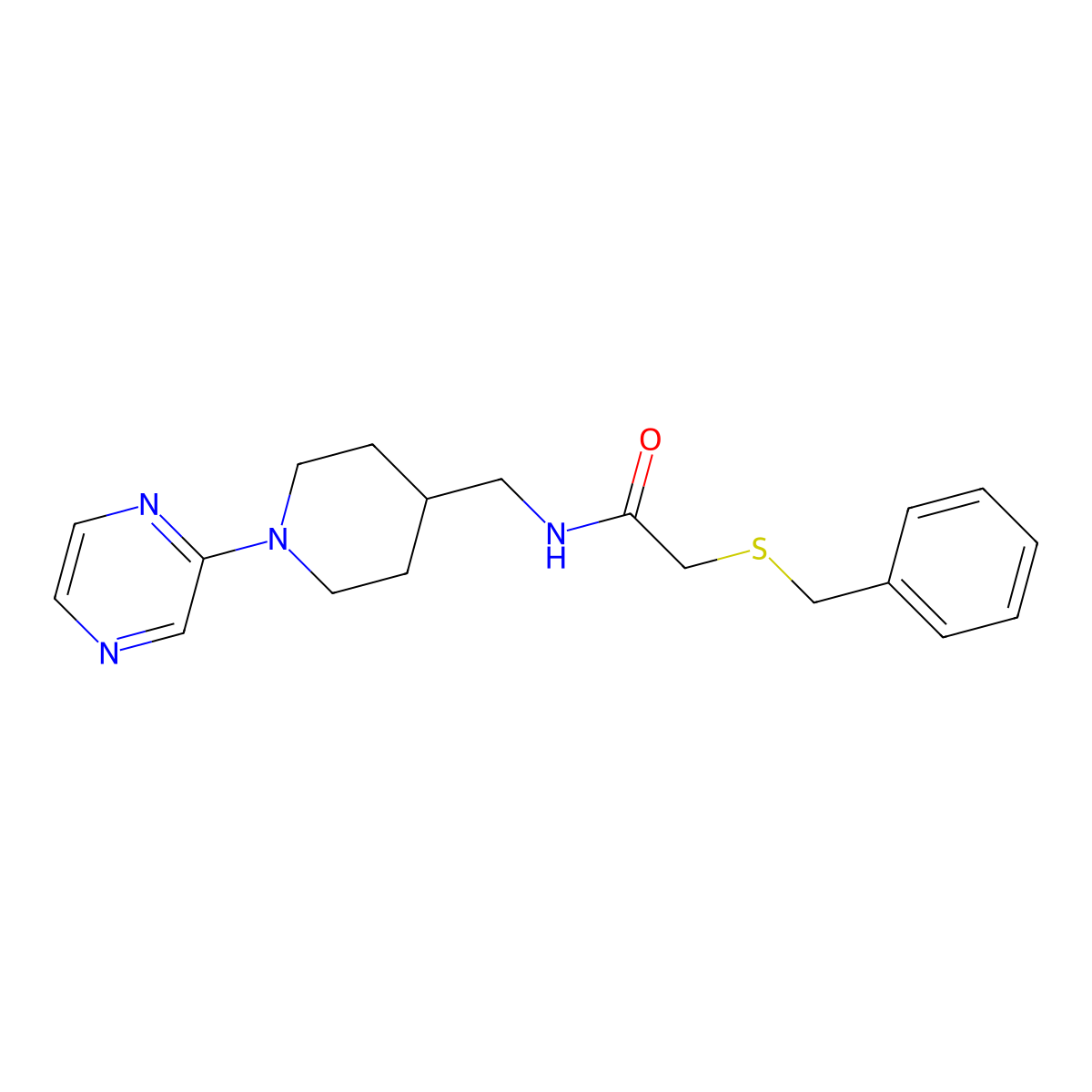 2-(benzylthio)-N-((1-(pyrazin-2-yl)piperidin-4-yl)methyl)acetamide molecular structure, CAS 1396713-12-4