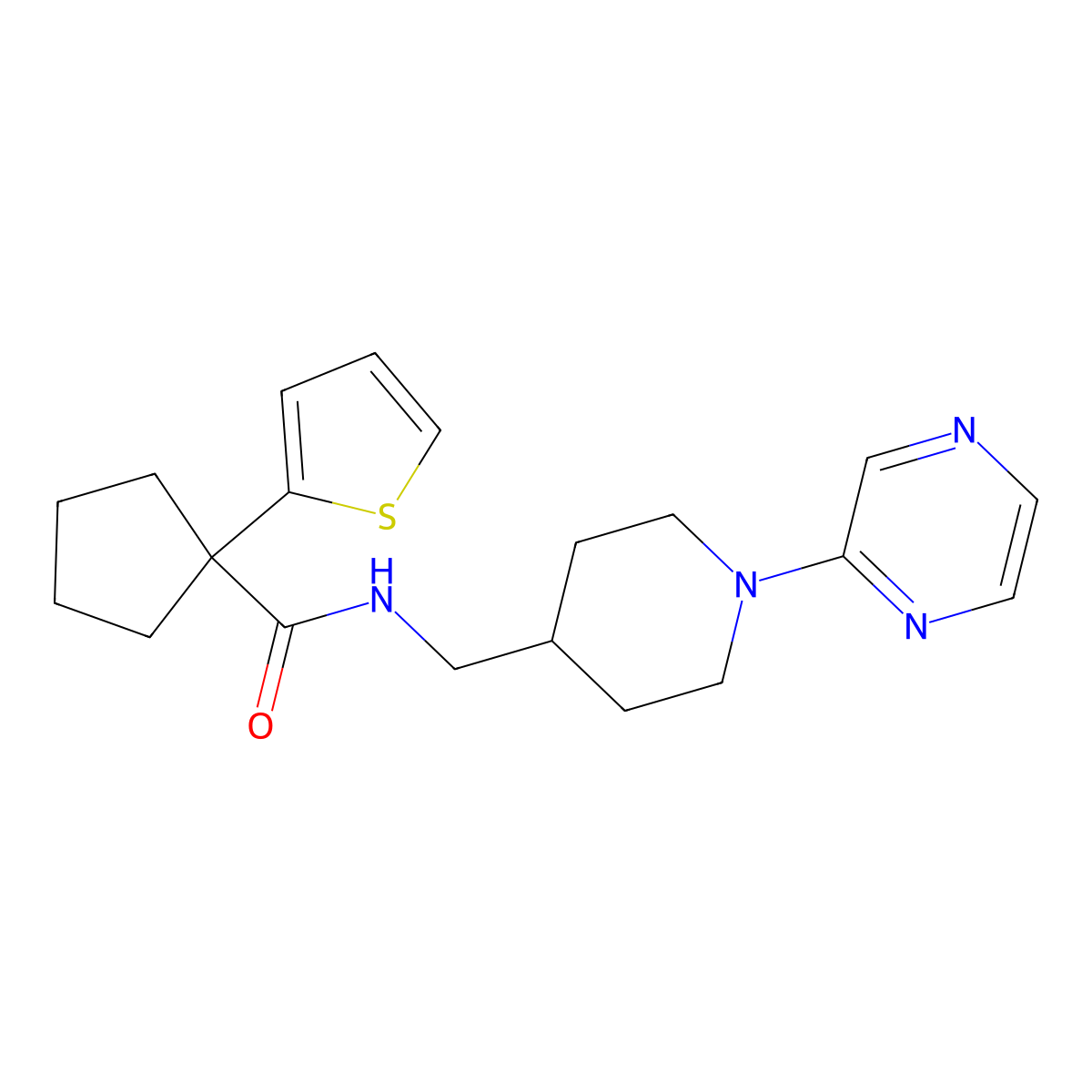 N-((1-(pyrazin-2-yl)piperidin-4-yl)methyl)-1-(thiophen-2-yl)cyclopentanecarboxamide molecular structure, CAS 1396713-17-9